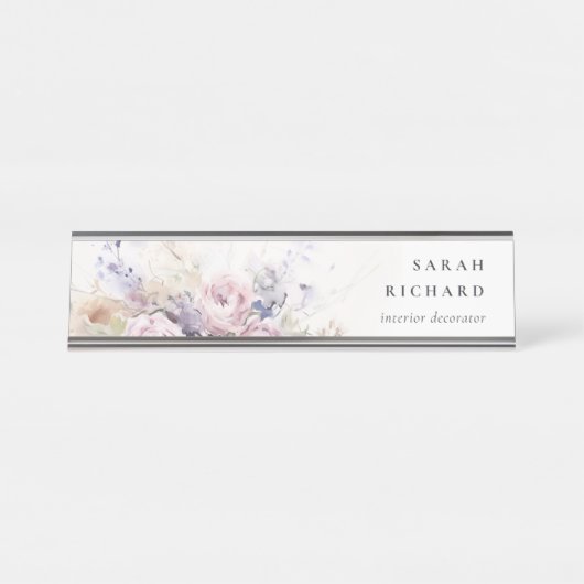 Abstract Blush Lila Waterverf Roos Bloemen Bunch Bureau Naambordje (Voorkant)