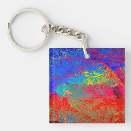 Abstract boomontwerp in rood en blauw sleutelhanger (Voorkant)