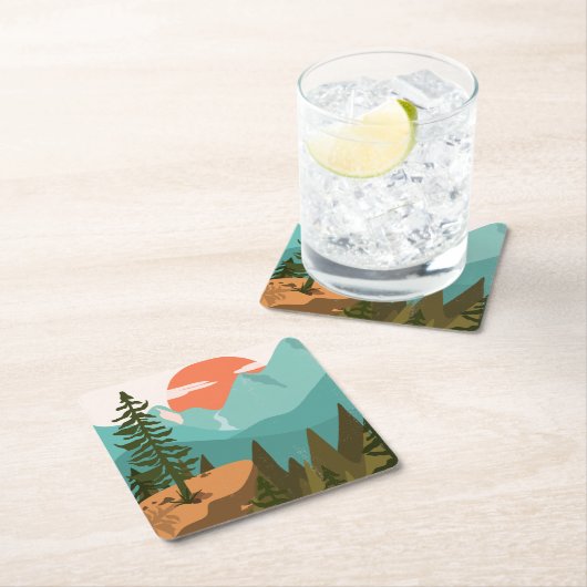 Abstract bos, bergen en zonsopgang vierkante kartonnen onderzetter (Insitu)