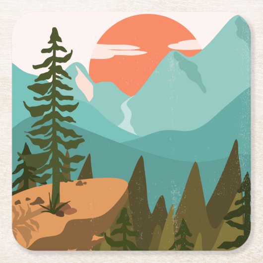 Abstract bos, bergen en zonsopgang vierkante kartonnen onderzetter (Voorkant)