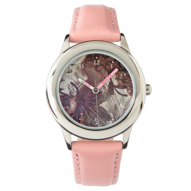 Abstract Bruin Bloemmotief Ontwerp 1 Horloge (Voorkant)