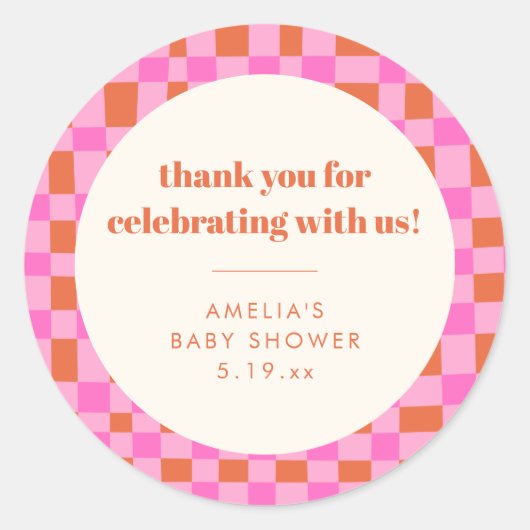 Abstract Checker Pink Custom Baby Shower Thank Ronde Sticker (Voorkant)