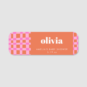 Abstract Checker Roze Oranje Aangepaste Baby Showe Naamplaatje