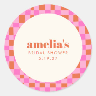 Abstract Checker Roze Oranje Aangepaste Bruidsdouc Ronde Sticker