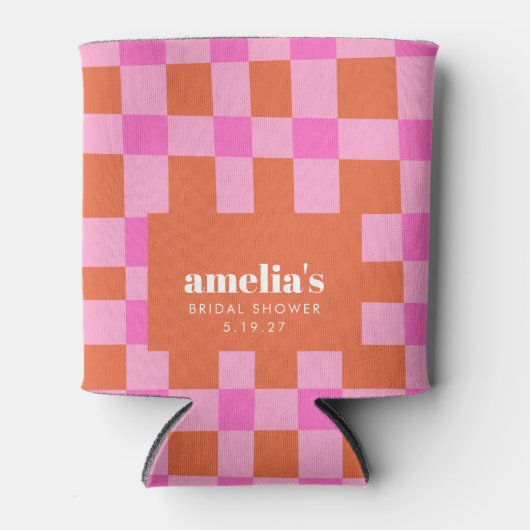 Abstract Checker Roze Sinaasappel Aangepast Vrijge Blikjeskoeler (Voorkant)