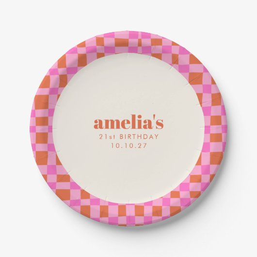 Abstract Checker Roze Sinaasappel Custom 21st Verj Papieren Bordje (Voorkant)