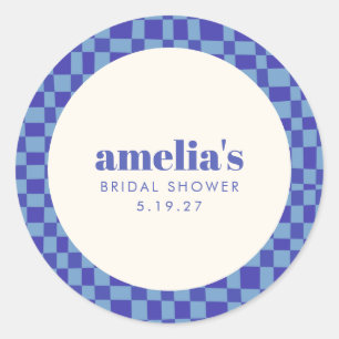 Abstract Checkerboard Blauwe Aangepaste Bruidsdouc Ronde Sticker