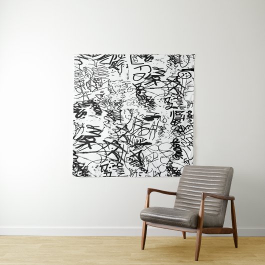 Abstract collage zwarte en witte graffiti wandkleed (In Situ (horizontaal))