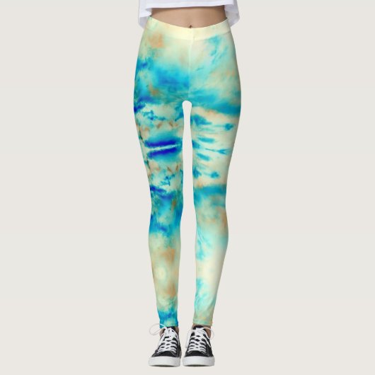Abstract crèmekleurige blauwe turquoise wolkenlegg leggings (Voorkant)