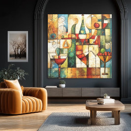 Abstract Cubist Modern Wine & Fruit Still Life Canvas Afdruk