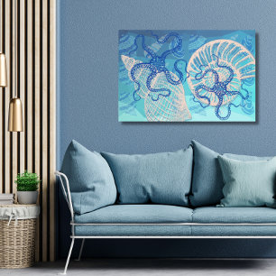 Abstract Deep Blue Sea Print op Canvas 91x61cm