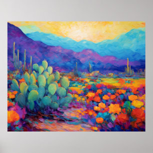 Abstract Desert Kleurrijke Cactus Schilderij Poster