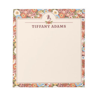 Abstract Ditsy Bloemen Retro Monogram Notitieblok