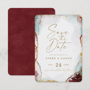 Abstract Etheral Wine Red & Gold Winter Weddenscha Save The Date