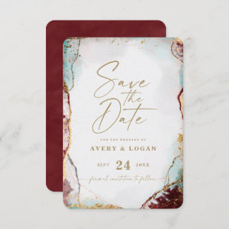 Abstract Etheral Wine Red & Gold Winter Weddenscha Save The Date