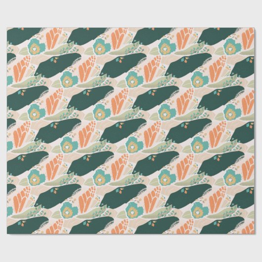  Abstract Floral Pattern Aqua Green Sinaasappel Cadeaupapier (Vlak)