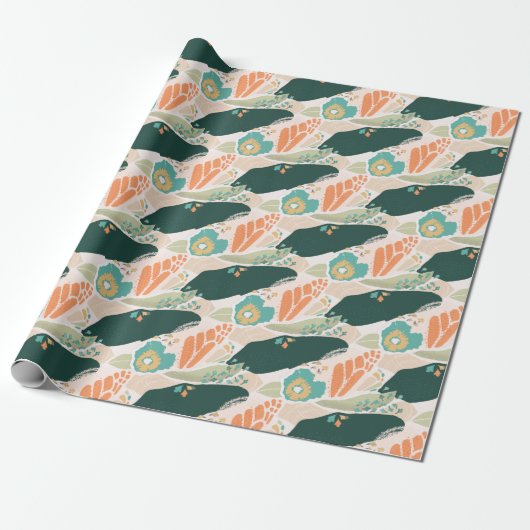  Abstract Floral Pattern Aqua Green Sinaasappel Cadeaupapier (Uitgerold)