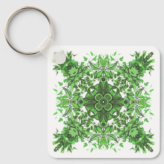 Abstract Floral Pattern In Black & Green On White Sleutelhanger (Voorkant)
