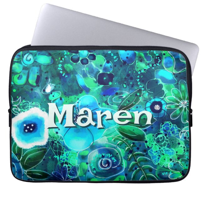 Abstract Floral Teal Blue Green Personalized Laptop Sleeve (Voorkant)