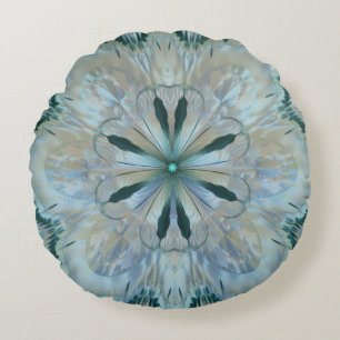 Abstract Flower Fractal Blauwgroen Wit Blauw Grijs Rond Kussen