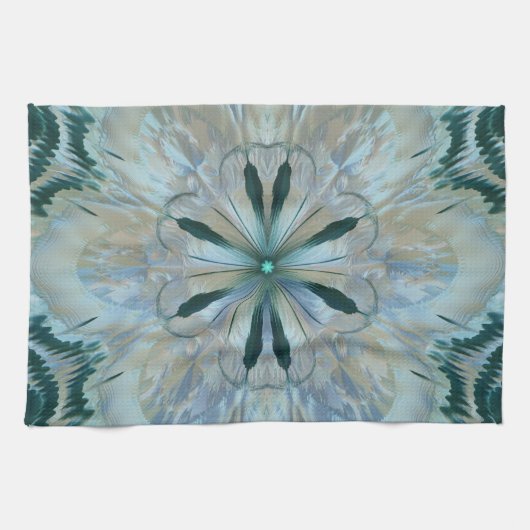 Abstract Flower Fractal Blauwgroen Wit Blauw Grijs Theedoek (Horizontaal)