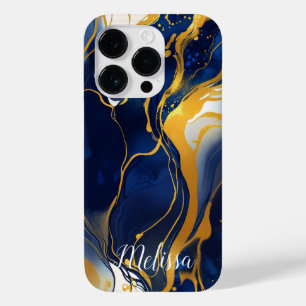 Abstract Fluid Navy Blue Gold Personaliseer naam Case-Mate iPhone 14 Pro Hoesje