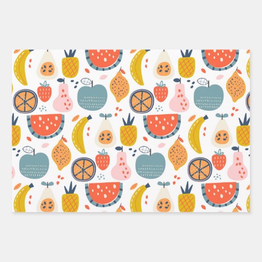 Abstract fruitpatroon afspelen in blauw en rood inpakpapier vel (Voorkant 3)