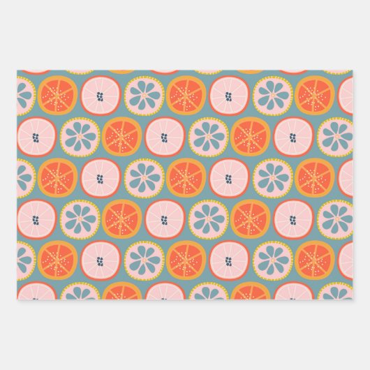 Abstract fruitpatroon afspelen in blauw en rood inpakpapier vel (Voorkant 2)