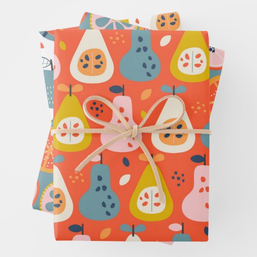 Abstract fruitpatroon afspelen in blauw en rood inpakpapier vel (In situ)