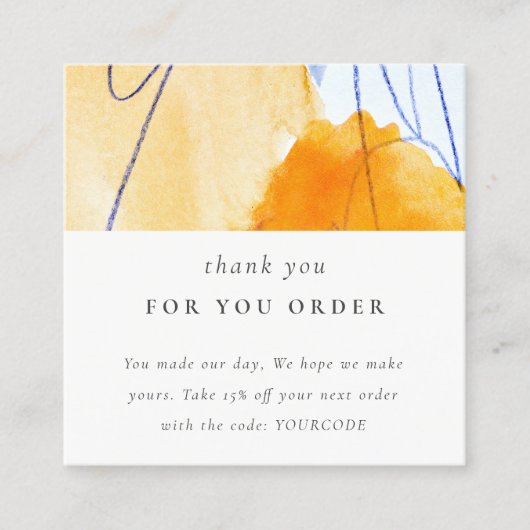 Abstract geel blauw Waterverf kunst Dank u Vierkante Visitekaartje (Voorkant)