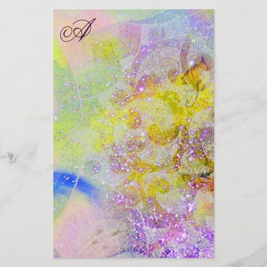 ABSTRACT GEEL PAARSE FLORAAL ZWIRLS MONOGRAM BRIEFPAPIER (Voorkant)