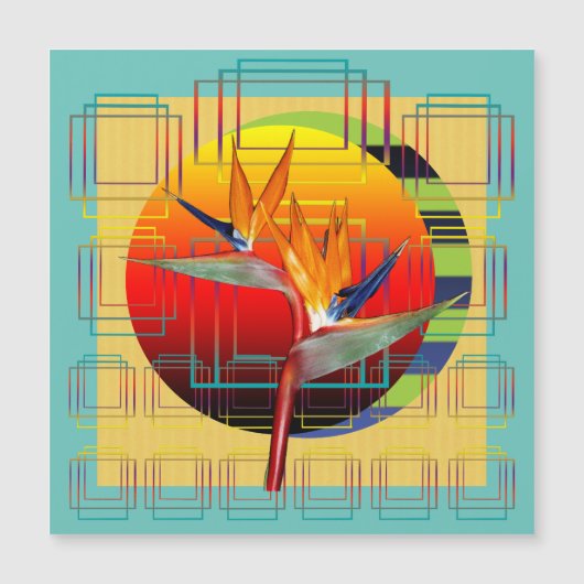 Abstract geometric bird flower aqua yellow red sun (Voorkant)