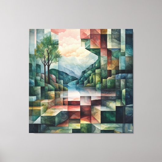Abstract geometrisch landschap met rivier en boom canvas afdruk (Voorkant)