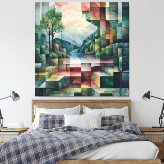 Abstract geometrisch landschap met rivier en boom canvas afdruk (Insitu (Slaapkamer))