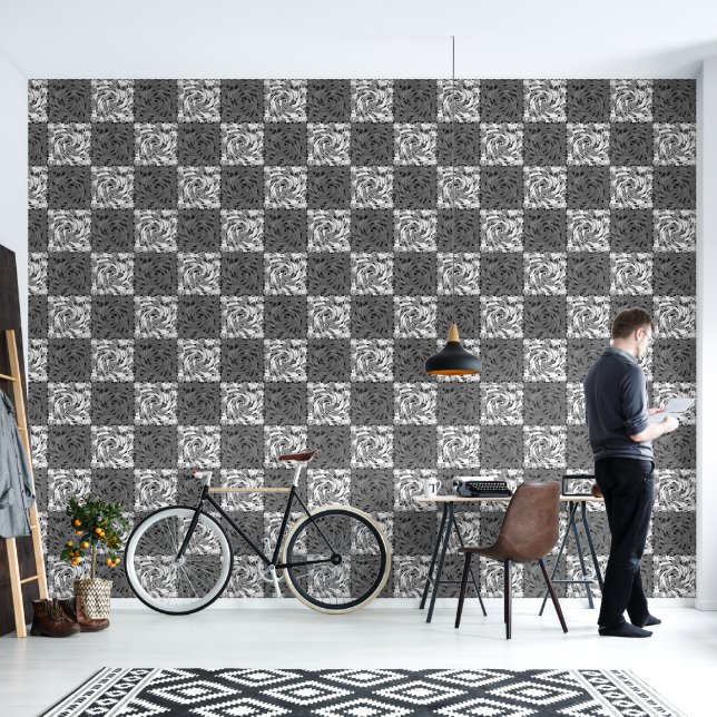 Abstract Geometrisch Zwart-wit Checkerboard Behang (Woonkamer)