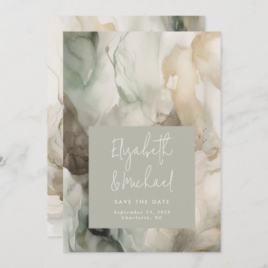 Abstract geschilderd Modern Sage Groen Bruiloft Save The Date (Voorkant / Achterkant)