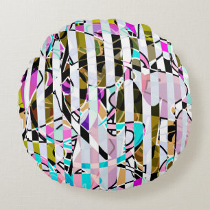 Abstract gestreepte strepen beige turquoise p rond kussen
