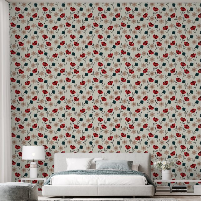 Abstract getextureerd bloemmotief op beige behang (Slaapkamer)