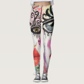 Abstract gezicht Big Eyes Red Lips Neon Pink Graff Leggings (Voorkant)