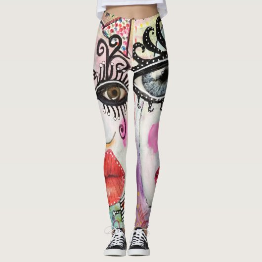 Abstract gezicht Big Eyes Red Lips Neon Pink Graff Leggings (Voorkant)
