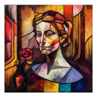 Abstract Glas in lood vrouwenportret met Roos
