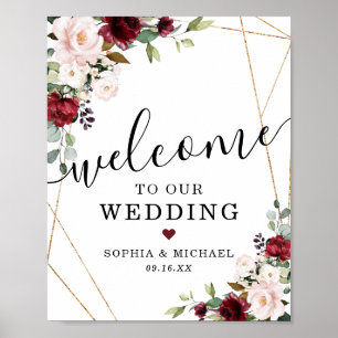Abstract Gold Burgundy Blush Floral Welcome Sign Poster