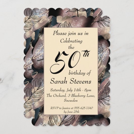 Abstract goud en zwart met veren 50e verjaardag kaart (Voorkant / Achterkant)