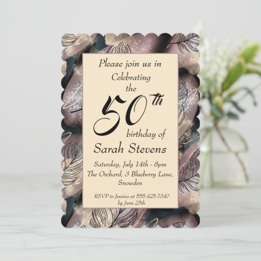 Abstract goud en zwart met veren 50e verjaardag kaart (Staand voorkant)