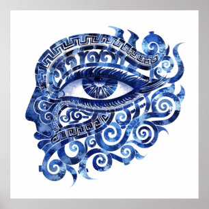 Abstract Grieks Evil Eye Met Grieks Key Poster