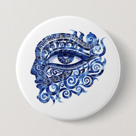 Abstract Grieks Evil Eye Met Grieks Key Ronde Button 7,6 Cm (Voorkant)