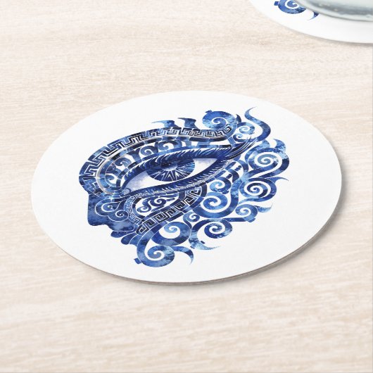 Abstract Grieks Evil Eye Met Grieks Key Ronde Kartonnen Onderzetter (Gebogen)