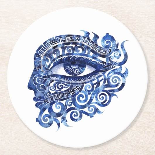 Abstract Grieks Evil Eye Met Grieks Key Ronde Kartonnen Onderzetter (Voorkant)