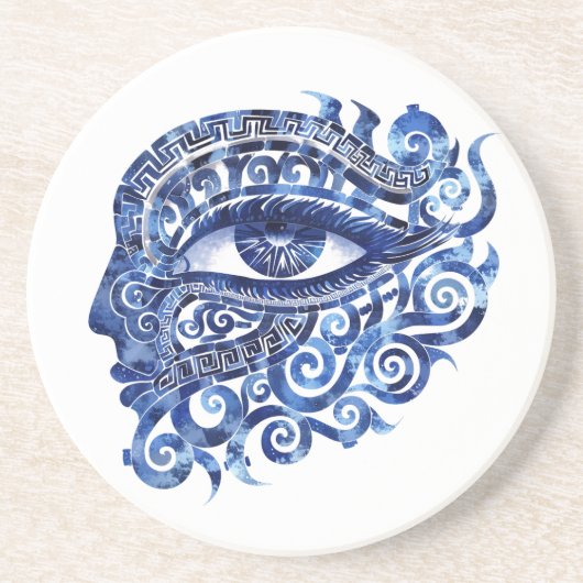 Abstract Grieks Evil Eye Met Grieks Key Zandsteen Onderzetter (Voorkant)