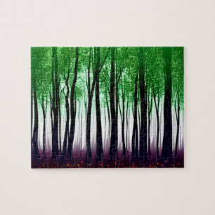 Abstract groen bos met rode bloemen legpuzzel